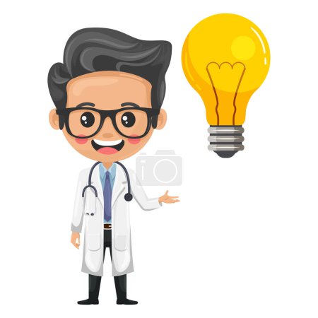 Cartoon-Arzt mit einem Stethoskop mit einer riesigen Glühbirne. Gesundheits- und Medizinkonzept. Gesundheitsexperte, um eine medizinische Untersuchung durchzuführen. Forschung, Wissenschaft und Technologie im Gesundheitsbereich