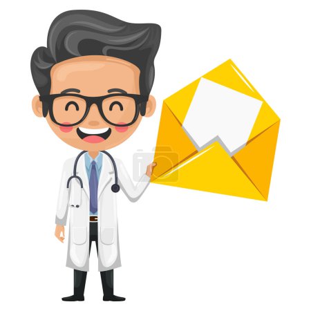 Cartoon-Arzt mit Stethoskop mit Briefumschlag für E-Mail. Gesundheits- und Medizinkonzept. Konzept der Kommunikation, Benachrichtigung und des Kontakts. Forschung, Wissenschaft und Technologie im Gesundheitsbereich