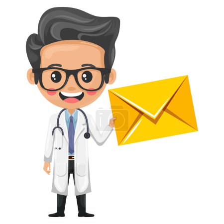 Cartoon doctor with a stethoscope with letter envelope for email. Health and medicine concept. Health professional to perform a medical examination. Research, science and technology in health
