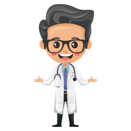 Doctor character cartoon with a stethoscope with open hands. Health and medicine concept. Health professional to perform a medical examination on a patient. Research, science and technology in health