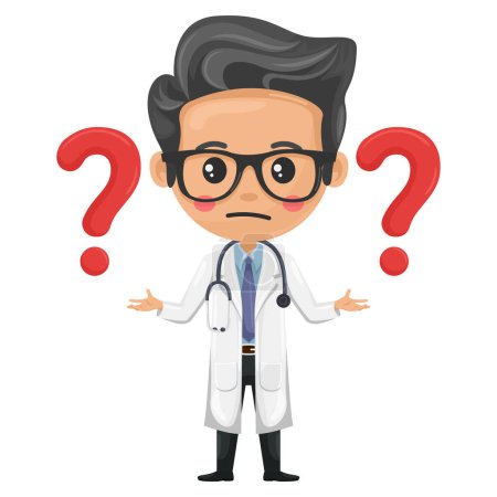 Doctor character cartoon with giant question sign for FAQ concept. Health and medicine concept. Health professional to perform a medical examination. Research, science and technology in health