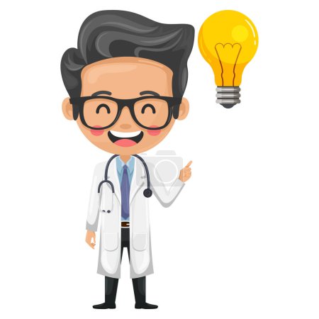 Doctor character cartoon with a stethoscope with a light bulb. Creative concept for the generation of ideas. Health and medicine concept. Research, science and technology in health