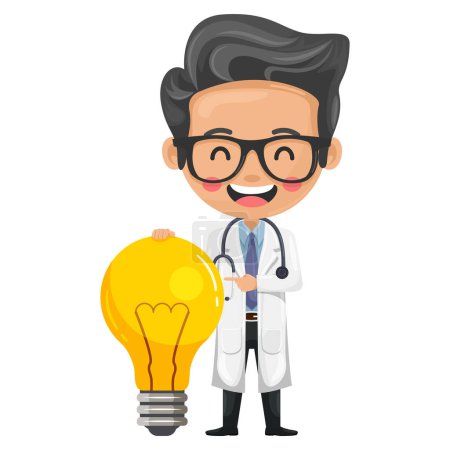 Doctor character cartoon with a stethoscope with a giant light bulb. Creative concept for the generation of ideas. Health and medicine concept. Research, science and technology in health