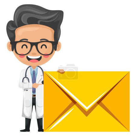 Cartoon doctor with a stethoscope with letter envelope for email. Concept of communication, notification and contact. Health and medicine concept. Research, science and technology in health