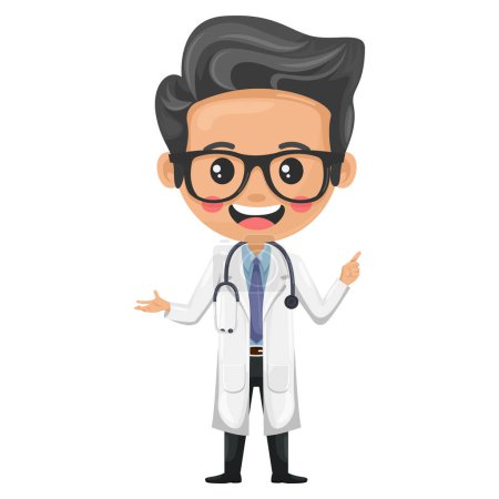 Doctor character cartoon with a stethoscope pointing his finger. Express an idea and indicate with the index finger. Health and medicine concept. Research, science and technology in health