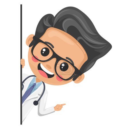 Doctor character cartoon peeking out from behind a wall pointing finger. Express an idea and indicate with the index finger. Health and medicine concept. Research, science and technology in health