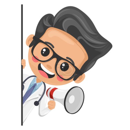 Doctor cartoon peeking out from behind a wall making an announcement with a megaphone. Concept of notification and contact. Health and medicine concept. Research, science and technology in health