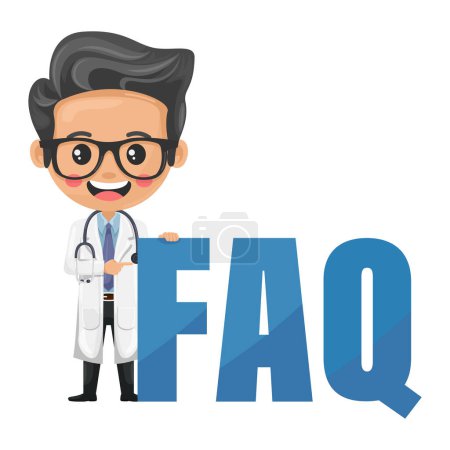 Caricatura del personaje del doctor con un estetoscopio con letras gigantes de FAQ. Concepto de preguntas frecuentes. Concepto de salud y medicina. Investigación, ciencia y tecnología en salud
