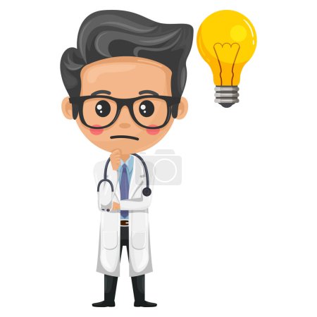 Karikatur eines Arztes, der Zweifel, Unsicherheit ausdrückt. Der Fokus repräsentiert eine Idee. Fragezeichen für FAQ-Konzept. Gesundheits- und Medizinkonzept. Forschung, Wissenschaft und Technologie im Gesundheitsbereich