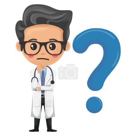 Doctor character cartoon expressing doubt, uncertainty with giant question sign. Question sign for FAQ concept. Health and medicine concept. Research, science and technology in health