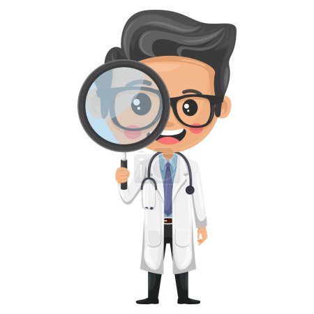 Doctor character cartoon with a stethoscope looking through a magnifying glass. Concept of medical study and research. Health and medicine concept. Research, science and technology in health