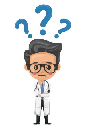 Cartoon of doctor character expressing doubt, uncertainty with a question mark. Question mark for FAQ concept. Health and medicine concept. Research, science and technology in health