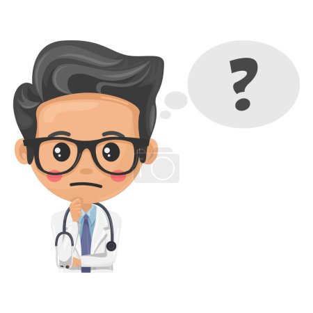 Cartoon of doctor character expressing doubt and uncertainty, thinking with a dialogue cloud with a question sign. Question sign for FAQ concept. Research, science and technology in health