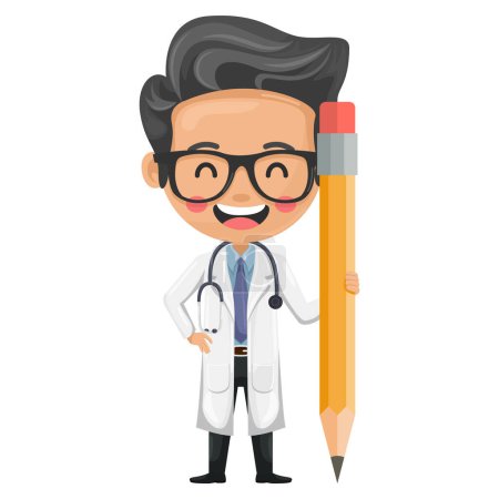 Cartoon of a doctor with a pencil symbolizing the importance of documentation, study and creativity in medical practice. Health and medicine concept. Research, science and technology in health
