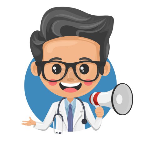 Cartoon doctor making an announcement with a megaphone. Health and medicine concept. Health professional to perform a medical examination on a patient. Research, science and technology in health