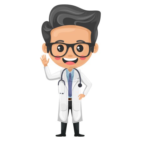 Cartoon of a doctor waving hello. Interacting cordially and kindly with patients, creating an atmosphere of trust and comfort. Health and medicine concept. Research, science and technology in health