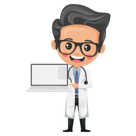 Doctor character cartoon with a laptop. Technology integration in medical practice. Digital tools to improve patient care, manage information and conduct research. Health and medicine concept
