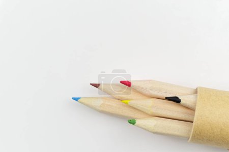 Set of colored pencils in a tube on white background