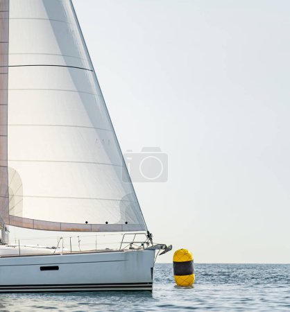Téléchargez les photos : Sailboat, ocean and yellow buoy under white sky for text - en image libre de droit