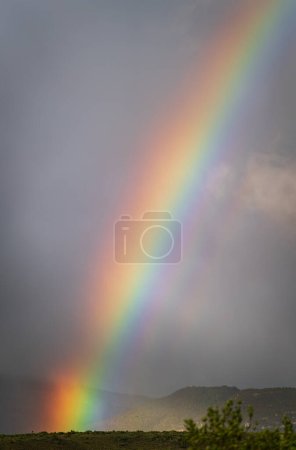 Photo for A bright rainbow emerges against a stormy horizon, signaling incoming rain. Space available for text. - Royalty Free Image