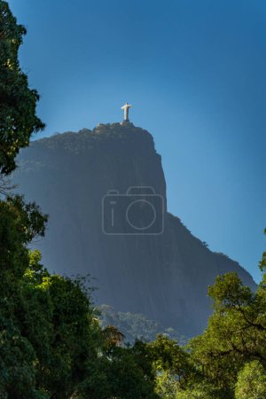 Breathtaking photo of Christ the Redeemer with forest and cliffs under blue sky.