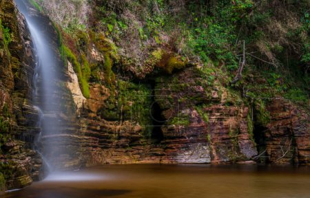 Téléchargez les photos : Cascade tranquille coule sur des roches moussues dans une piscine ambre calme. - en image libre de droit