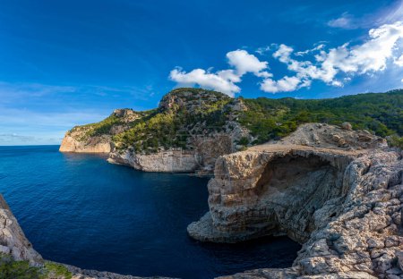 Picturesque cliffs by calm sea with vibrant greenery under a bright blue sky.