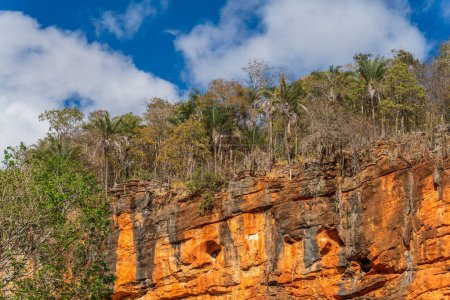 Picturesque orange cliff with lush greenery against a bright blue sky.