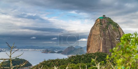 Sugarloaf Mountain cable car stands out against a cloudy sky, featuring views of Niteroi and Rio islands