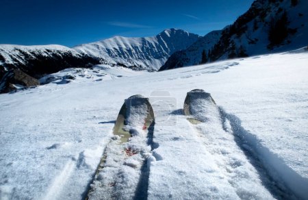 Foto de Vista de fondo estacional de los esquís skialp en el fondo de las montañas nevadas - Imagen libre de derechos