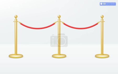 Illustration for Red Carpet pillar icon symbol. golden pole, red Barrier Rope, Event, VIP concept. 3D vector isolated illustration design. Cartoon pastel Minimal style. You can used for mobile app, ux, ui, print ad. - Royalty Free Image