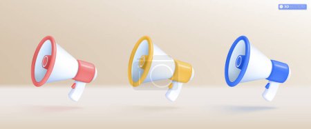 Haut-parleur mégaphone 3d ensemble de symbole icône multicolore. haut-parleur bullhorn pour annoncer la promotion de réduction, vendre concept de prix réduits. Illustration 3D vectorielle isolée, Cartoon pastel Style minimal.