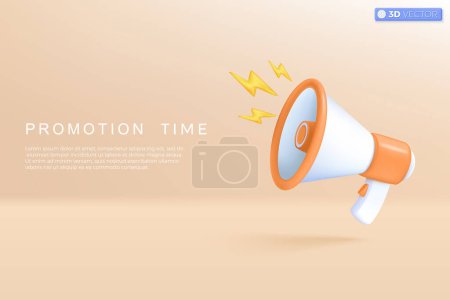 Haut-parleur mégaphone 3d avec symbole de l'icône de la foudre. haut-parleur annoncer la promotion de réduction, Vendre des prix réduits, concept de temps de marketing. Illustration 3D vectorielle isolée, Cartoon pastel Style minimal.