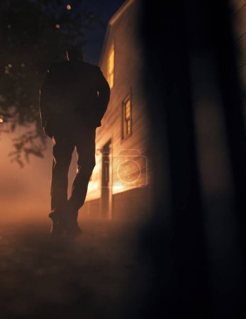 Foto de Hombre solitario en traje camina hacia la casa durante el atardecer brumoso. Vista trasera. Renderizado 3D. - Imagen libre de derechos