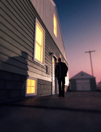 Lone man in suit walks towards an illuminated house at sunset. Rear view. 3D render.
