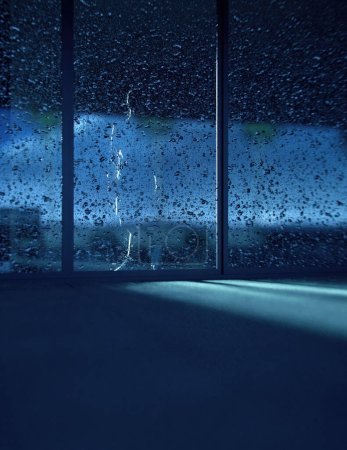Photo for Blonde woman in sweater dress behind a sliding glass door with raindrops at dusk. Seen from the outside in. 3D render. - Royalty Free Image