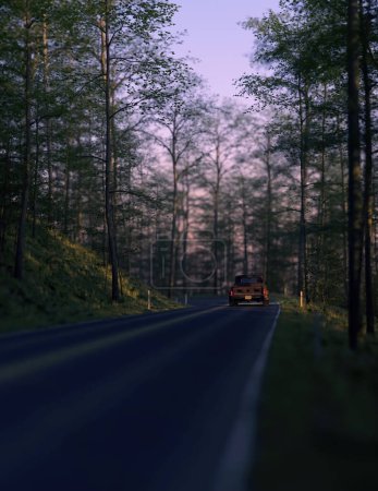 Vintage pickup truck with illuminated tail lights drives on road in a lush forest. 3D render.
