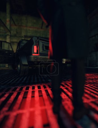 Man and pickup truck with illuminated tail lights inside an industrial building. 3D rendering.