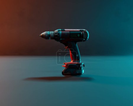 Photo for Red electric hand drill in red and blue coloured light against blue background. Studio shot. - Royalty Free Image