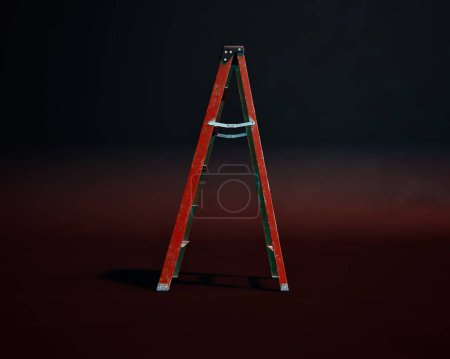 Photo for Red aluminium ladder against dark grey background lit by blue and red light. Studio shot. - Royalty Free Image