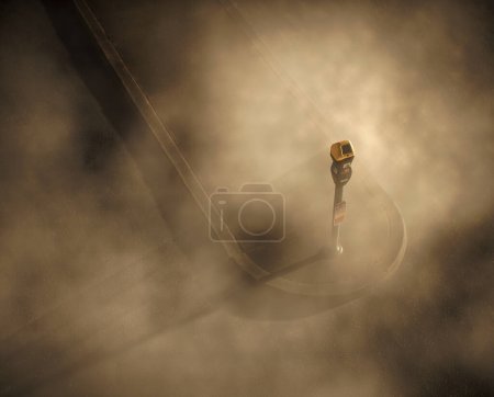 Foto de Parquímetro en una acera en una carretera brumosa. Vista de ángulo alto. - Imagen libre de derechos