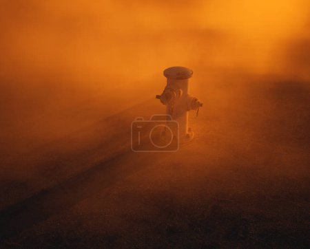 Téléchargez les photos : Alimentation de la bouche d'incendie sur la rue goudronnée fissurée dans la brume au coucher du soleil. - en image libre de droit