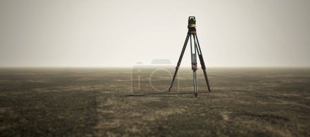 Photo for Land surveyor on tripod standing on wide open flat landscape. - Royalty Free Image