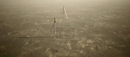 Téléchargez les photos : Deux arpenteurs-géomètres sur trépied debout sur un grand paysage plat ouvert. Vue grand angle. - en image libre de droit