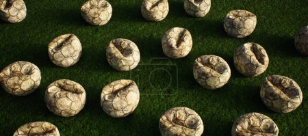 Photo for A collection of worn old footballs on artificial grass. Lit by sunlight. - Royalty Free Image