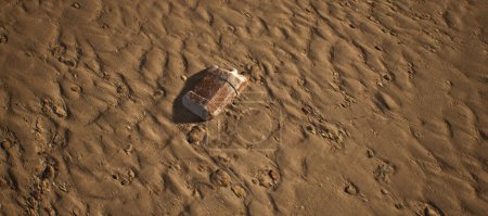 Téléchargez les photos : Conteneur d'huile en plastique blanc sale couché dans le sable ondulé de la plage. - en image libre de droit