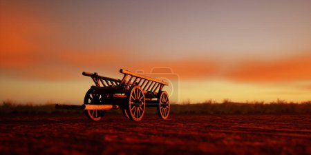 Téléchargez les photos : Ancienne charrette en bois dans le désert désolé au coucher du soleil. - en image libre de droit