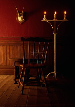 Téléchargez les photos : Vintage intérieur rustique avec plancher en bois, table en bois, chaise en bois, lambris, chandelier et crâne de cerf sur le mur. - en image libre de droit