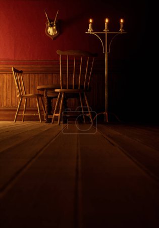 Téléchargez les photos : Intérieur rustique vintage avec plancher en bois, table en bois, chaises en bois, lambris, chandelier et crâne de cerf sur le mur. - en image libre de droit