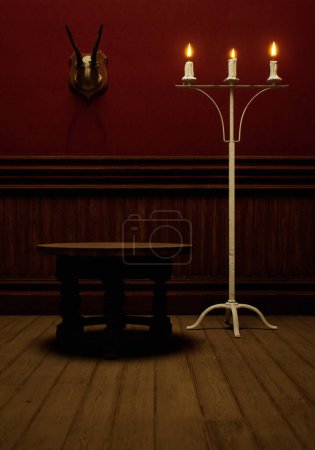 Téléchargez les photos : Vintage intérieur rustique avec plancher en bois, table en bois, lambris, chandelier et crâne de cerf sur le mur. - en image libre de droit
